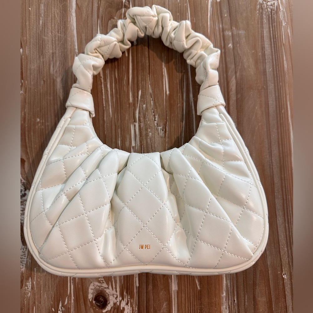 JW Pei Gabbi Ivory Quilted Shoulder Bag Ruched Vegan Leather Trendy